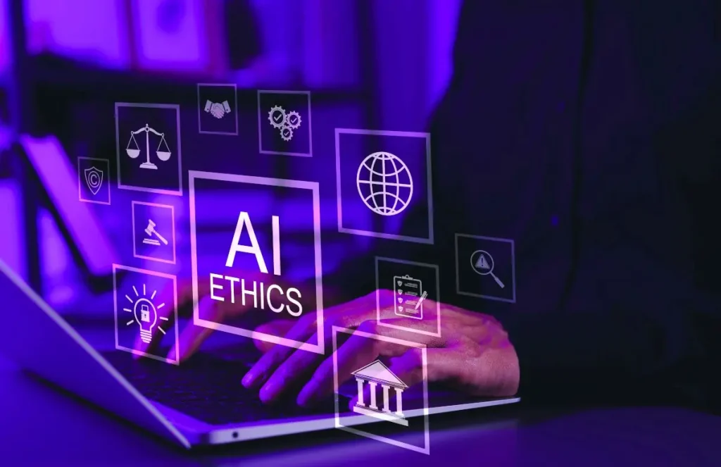 AI ethics concept with digital symbols and laptop.