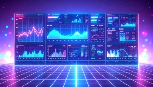 Futuristic data dashboard with graphs and charts.