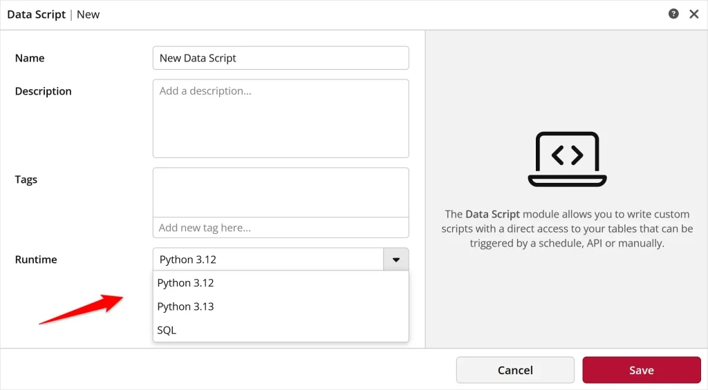 Data script creation interface with Python runtime options.