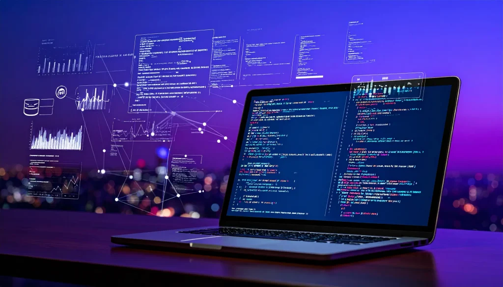 Laptop displaying code and digital data charts.