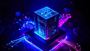 Futuristic glowing cube with circuit patterns.
