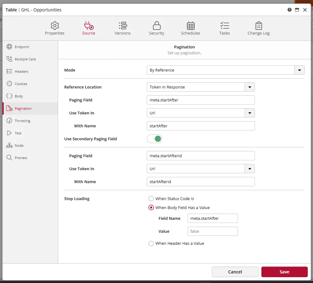 Pagination setup interface for API configuration.