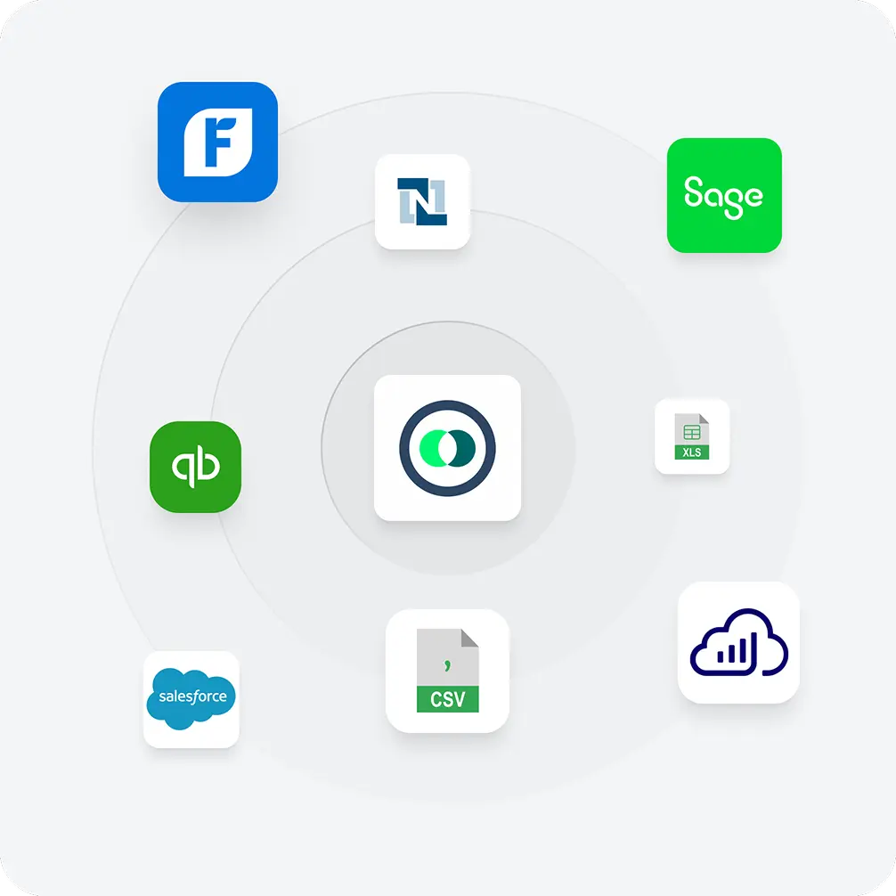 Financial software integration icons on white background.