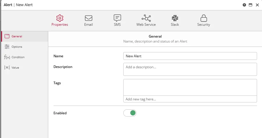 Alert setup screen with various options and settings.