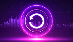 Futuristic purple technology graphic with circular arrow.