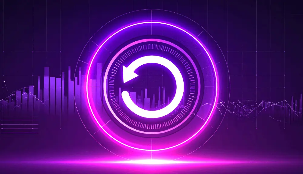 Futuristic purple technology graphic with circular arrow.