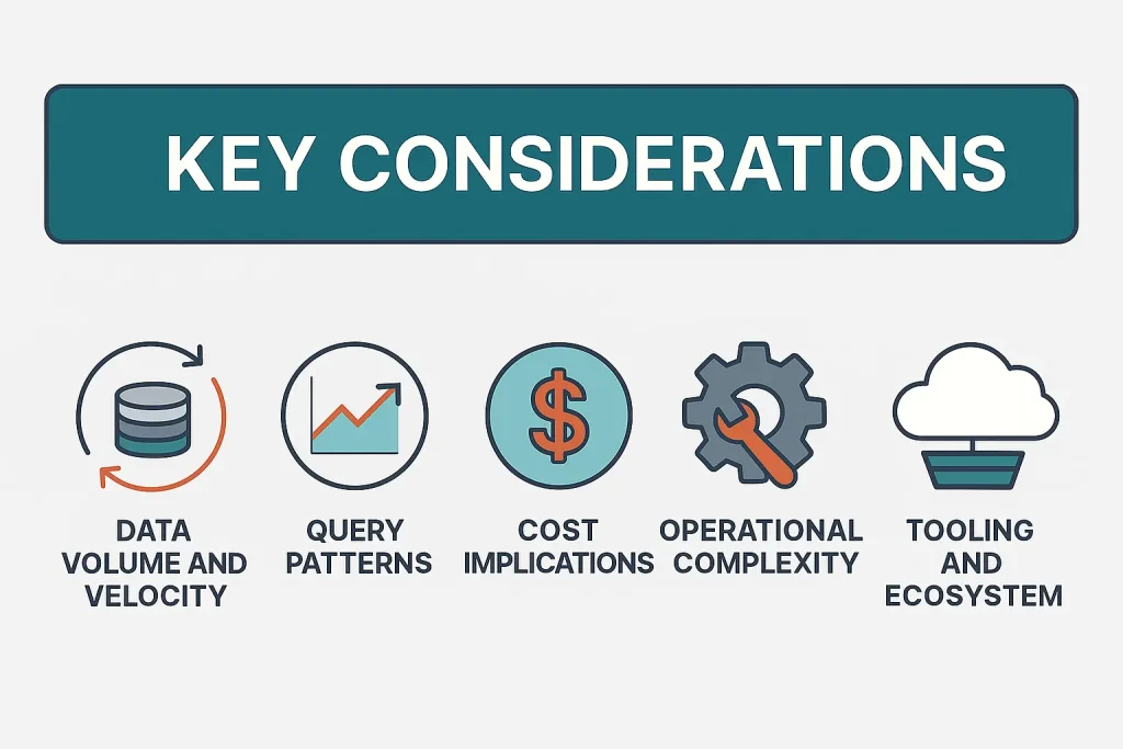 Key considerations: data, query, cost, operational, tooling.
