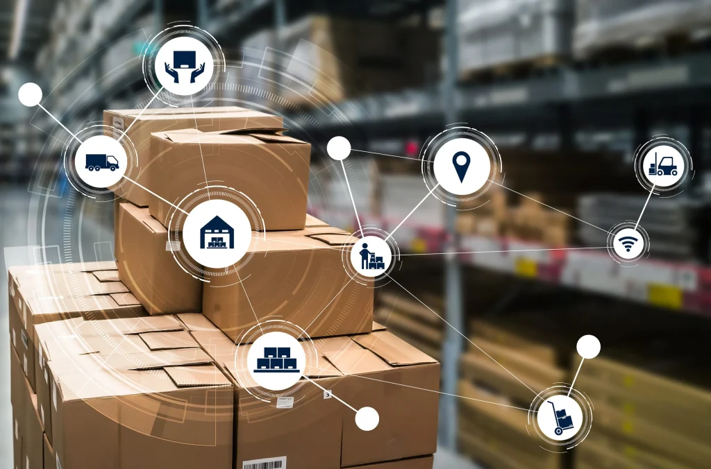 Réseau logistique et entreposage de cartons connectés.