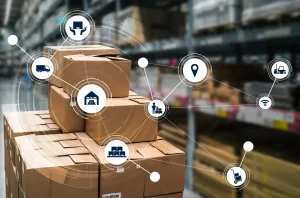 Réseau logistique et entreposage de cartons connectés.