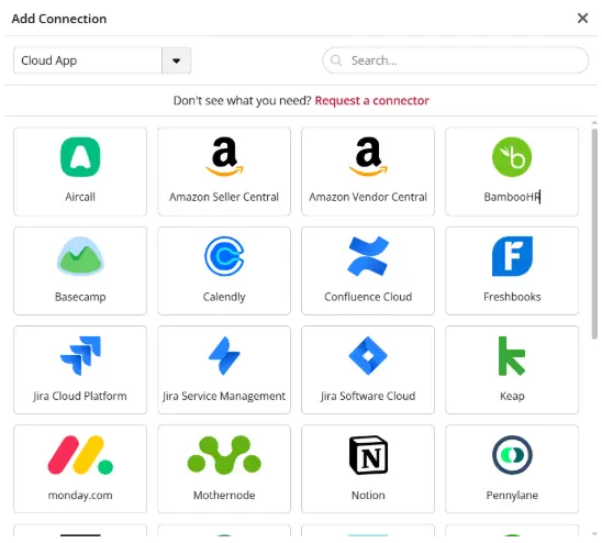 Connection options for various cloud apps and platforms.
