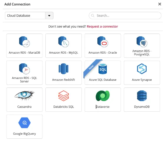 Add cloud database connection options interface screen.