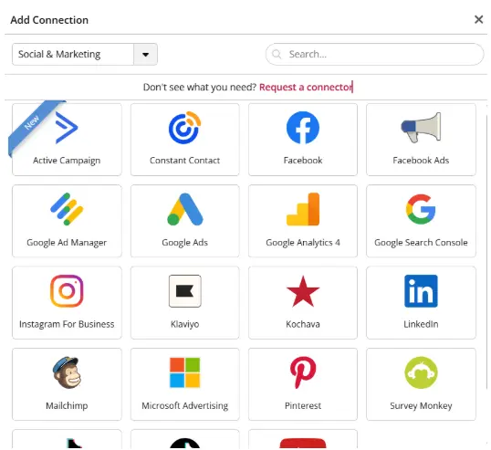 Connection selection interface for social media marketing apps