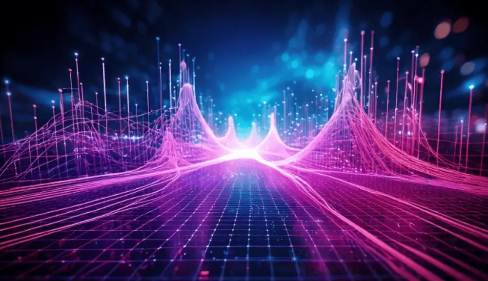 Futuristic digital landscape with neon grid waves