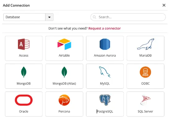 Database connection options interface with various logos.