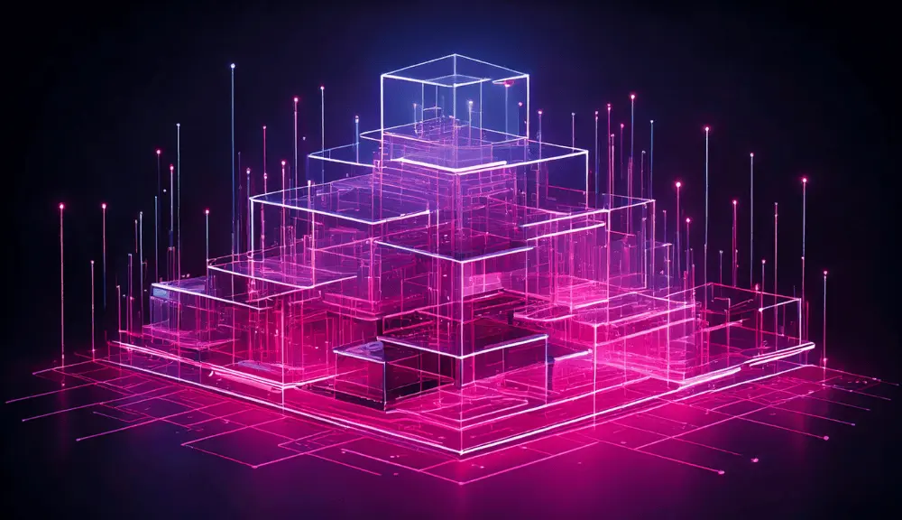 Futuristic neon pyramid with digital connections