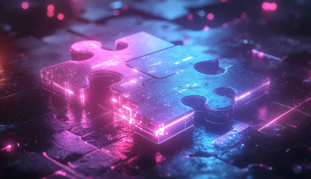 Digital glowing puzzle piece in neon colors.