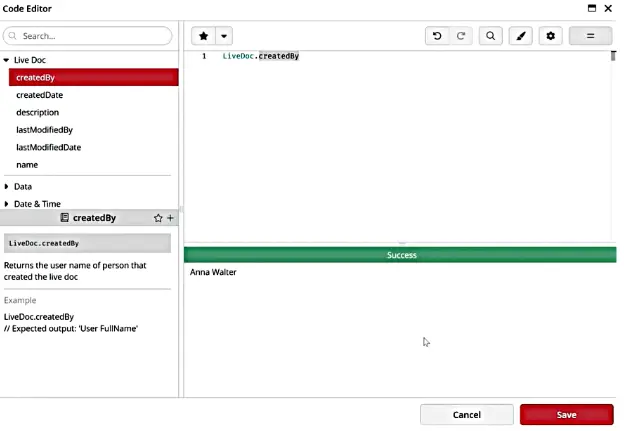 Code editor displaying LiveDoc.createdBy function output.