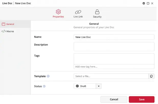 Live Doc creation interface with properties settings.