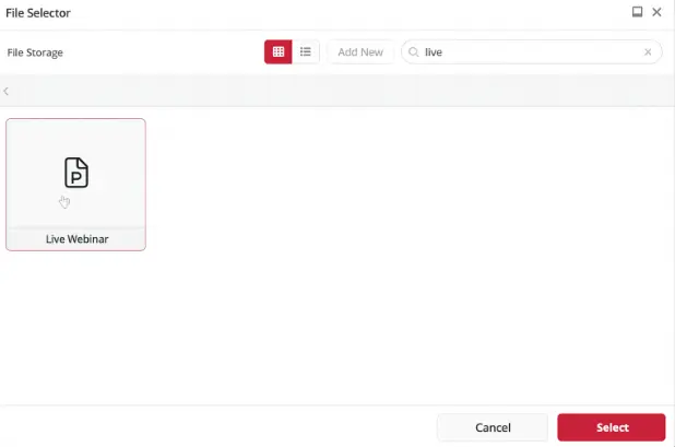 File selector showing 'Live Webinar' document icon.
