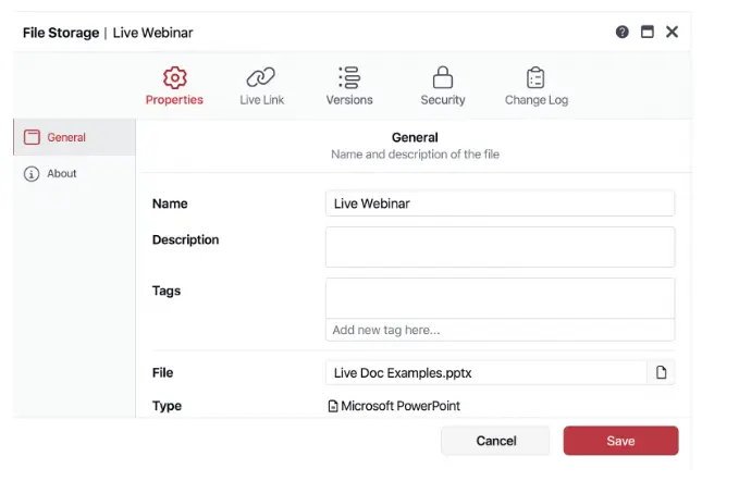File storage window for live webinar settings.