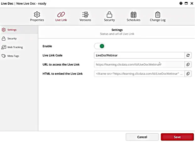 Live Doc settings page with live link options.