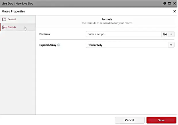 Macro properties panel with formula settings