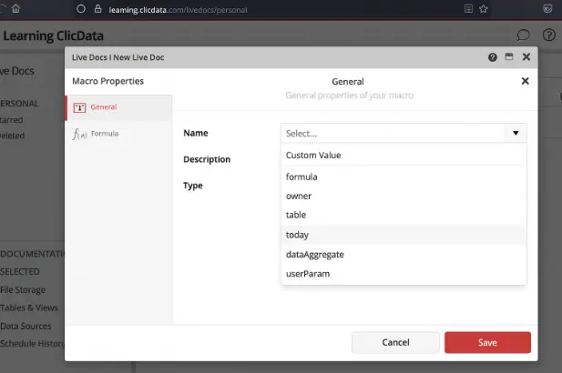 Macro settings window with formula type options.