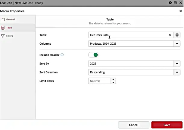 Macro properties for table data configuration screen.