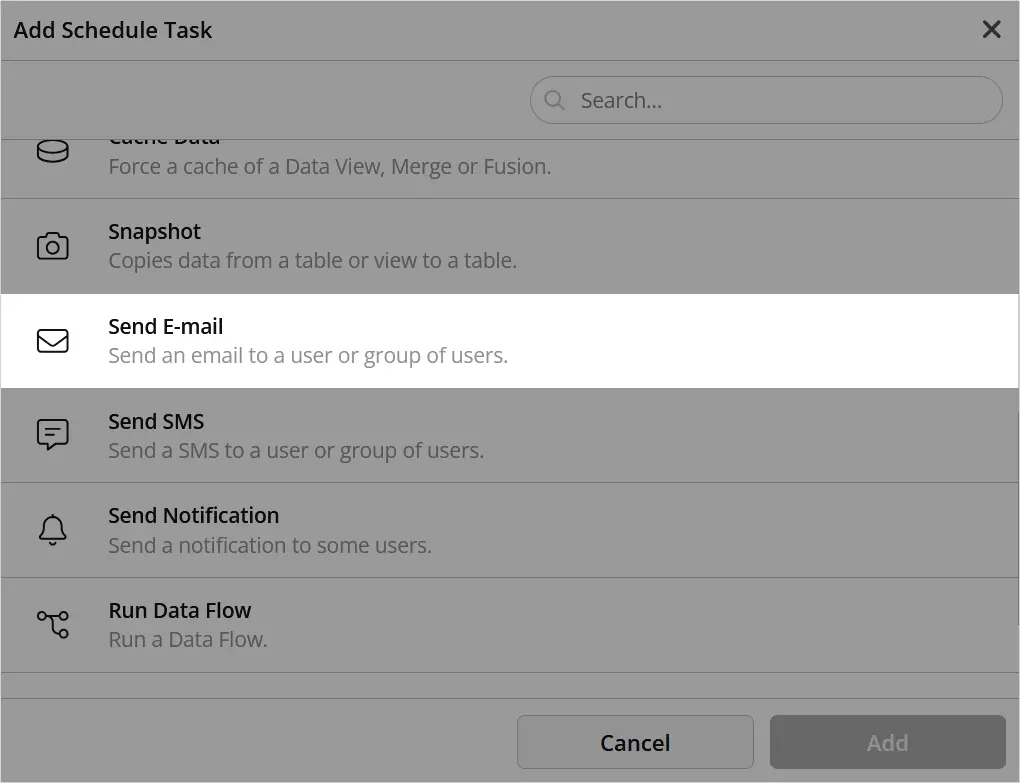 Menu tâche planifiée, option envoyer un e-mail sélectionnée.