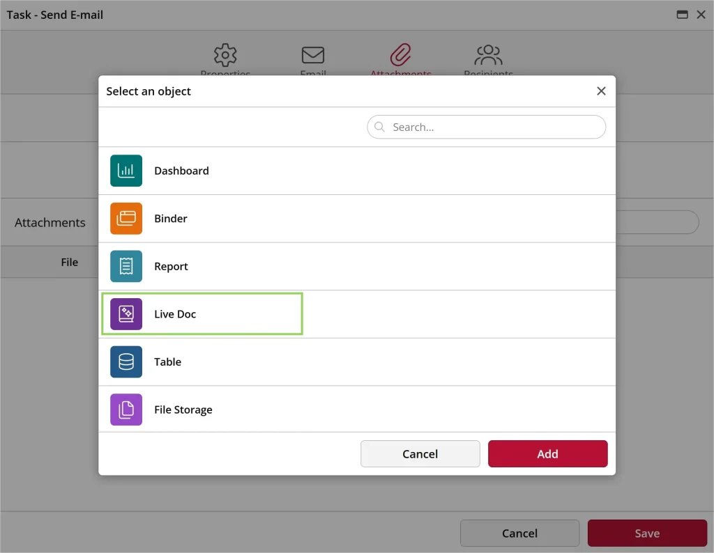 Menu choisir objet pour envoi d'e-mail