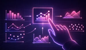 Finger pointing at digital data analytics chart.