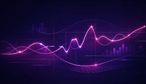 Abstract purple graph with glowing waves and bars.