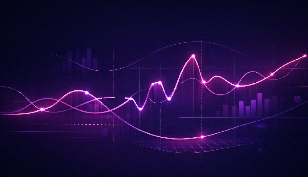 Abstract purple graph with glowing waves and bars.