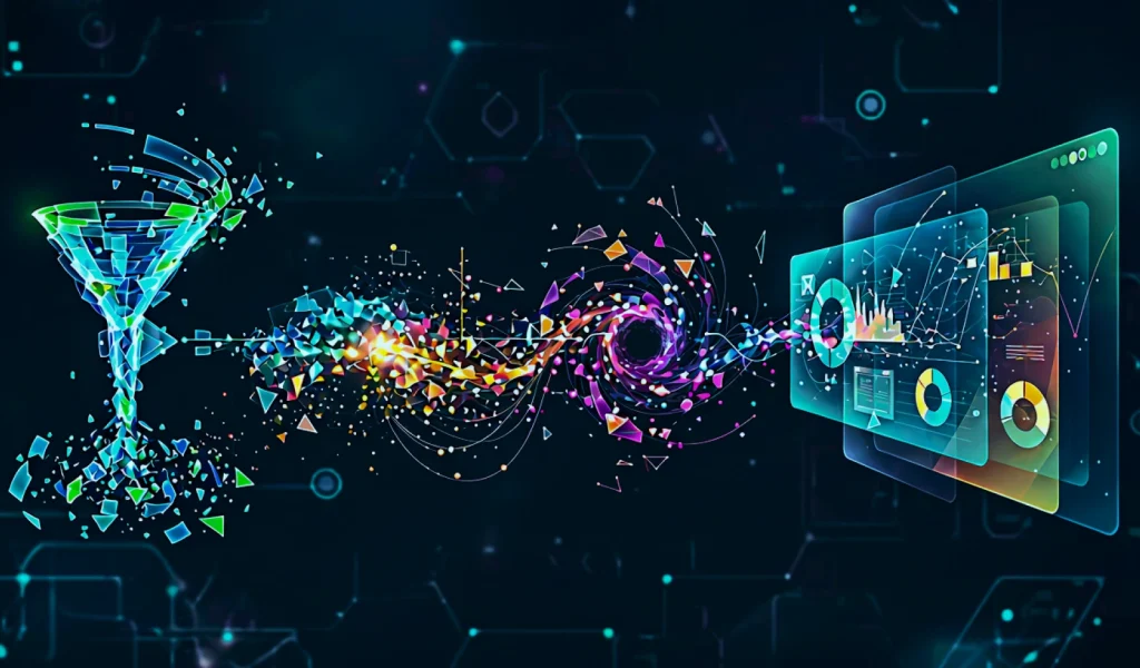 Colorful abstract data visualization with charts and graphs.