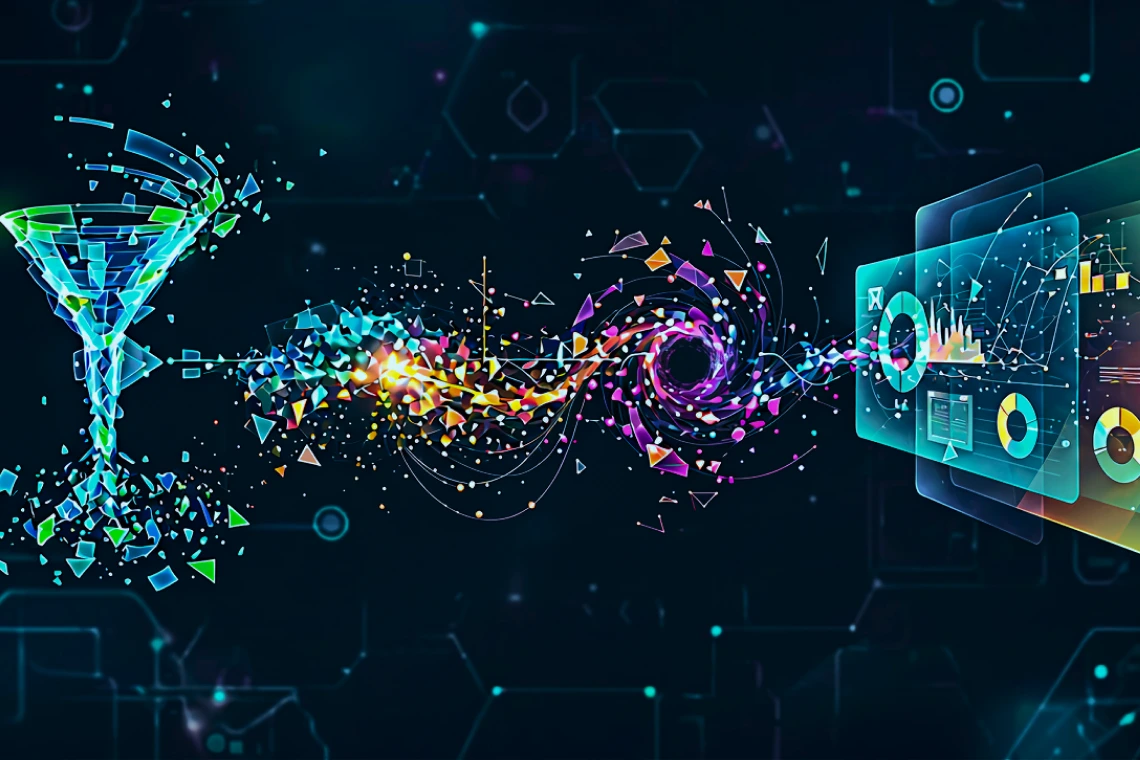 Data funnel with digital charts and analytics
