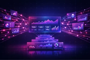 Futuristic data analytics visualization screen.