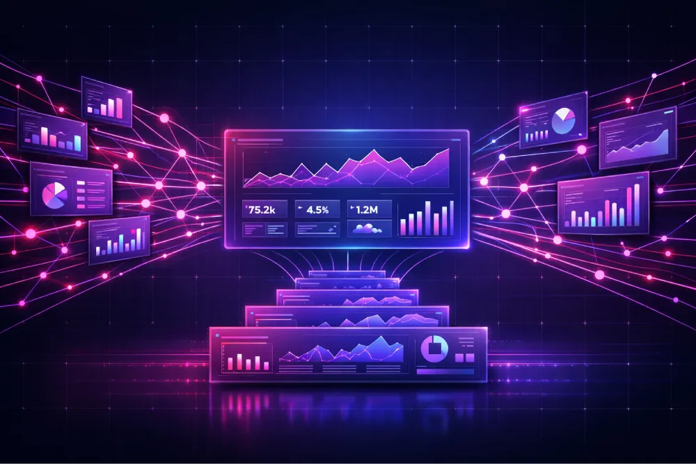 Futuristic data analytics visualization screen.