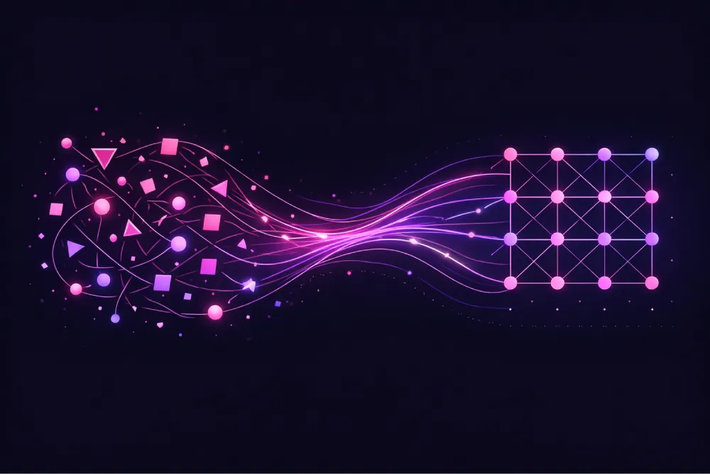 Abstract representation of neural network processing data.