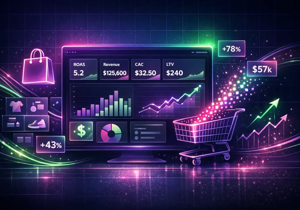 Ecommerce analytics dashboard with growth charts and cart