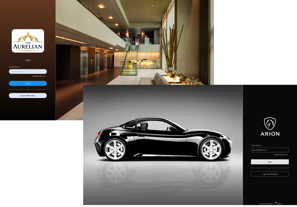 Luxury lobby and black sports car login screens